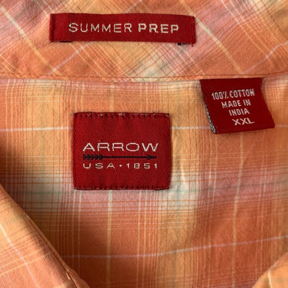 Arrow Summer Prep Button Up Camp Shirt XXL Orange Plaid Short Sleeves Pocket - Picture 6 of 6